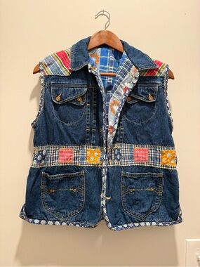 VTG Oilily Patchwork Cottagecore Plaid Denim Vest Sz 10-12 Kid Adult XS European